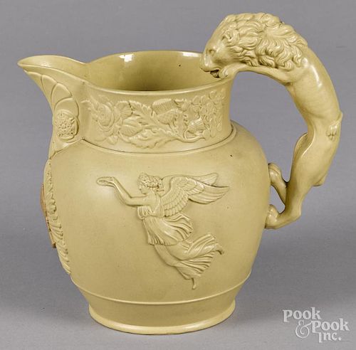 Staffordshire tanware pitcher, 19th c., with relief bust of George IV and lion handle, 7 1/2'' h.