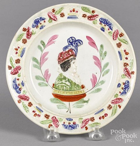 Pearlware plate, 19th c., with relief decoration of Queen Caroline, 6 1/2'' dia.