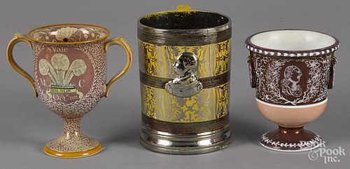 Three pieces of lustre decorated Staffordshire, 19th c., to include a loving cup with Prince of Wale