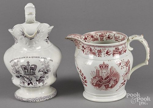 Two Staffordshire pitchers, 19th c., with transfer decoration of King William IV and Queen Adelaide,