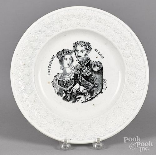 Pearlware plate, 19th c., with transfer decoration of Queen Josephine and King Oscar, 9 1/4'' dia.