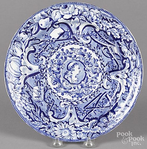 Blue Staffordshire plate, 19th c., with transfer portrait medallion of King George III, 9 5/8'' dia.