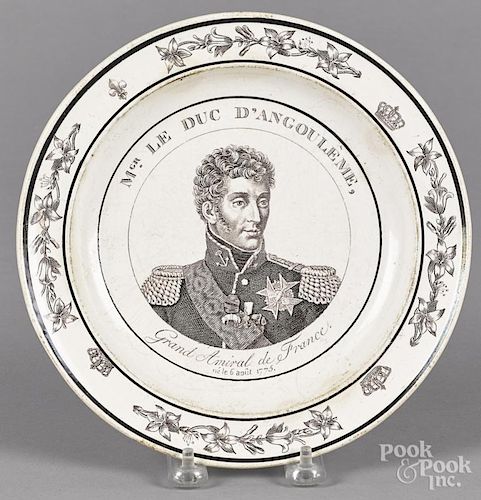 Creamware plate, ca. 1800, with transfer decoration of Mgr. Le Duc D'Angouleme, Grand Admiral de Fra