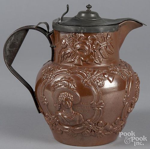 Salt glaze stoneware pitcher, 19th c., with relief bust of Queen Victoria, with tin make - do handle