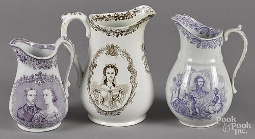 Three Staffordshire pitchers, 19th c., with transfer decoration of royalty, tallest - 8 5/8''.