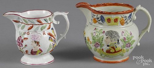 Two Staffordshire pitchers, 19th c., with relief decoration of King George IV and Queen Caroline and