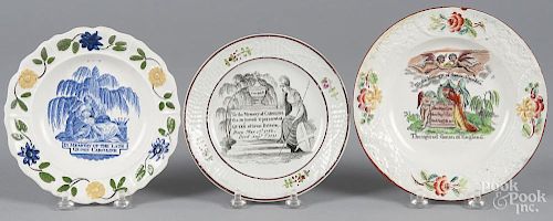 Three pearlware plates, 19th c., decorated with memorials to Queen Caroline, largest - 6 3/4'' dia.