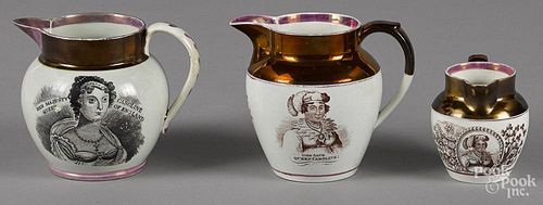 Three Staffordshire lustre pitchers, 19th c., with transfer decoration of Queen Caroline, tallest -