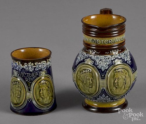 Doulton Lambeth pitcher and cup commemorating the diamond jubilee of Queen Victoria, 6'' h. and 3 7/8