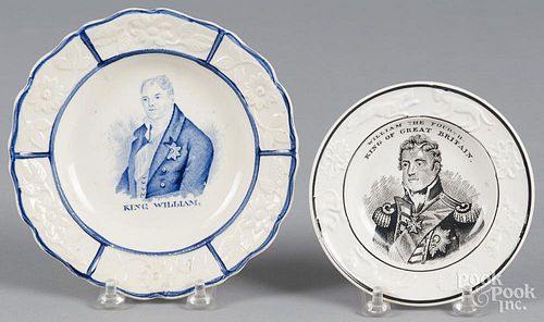 Two pearlware plates, 19th c., with transfer decoration of King William IV, 4 7/8'' dia. and 6 1/2'' d