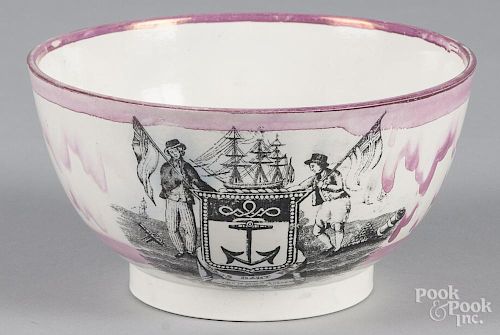 Sunderland lustre bowl, 19th c., with transfer decoration of the Mariner's Arms, 3 3/4'' h., 7'' w.