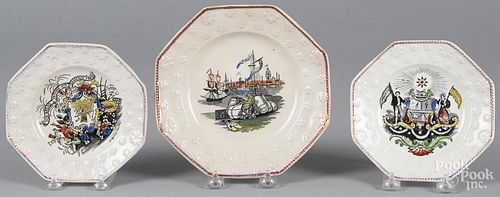 Three octagonal pearlware plates, 19th c., with transfer decoration of Our Bread Untaxed Our Commerc