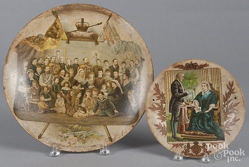 Two painted artist board plaques from Queen Victoria's diamond jubilee, 8'' dia. and 12 3/4'' dia.