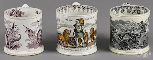 Three Staffordshire mugs with transfer decoration, 19th c., to include Mr. Van Amburgh, Union & Refo