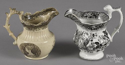Two Staffordshire pitchers 19th c., with transfer decoration of Queen Victoria, 7'' h. and 7 1/4'' h.