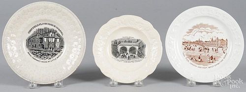 Three Staffordshire plates, 19th c., with transfer decoration of Thames Tunnel, Iron Pier and Sheffi