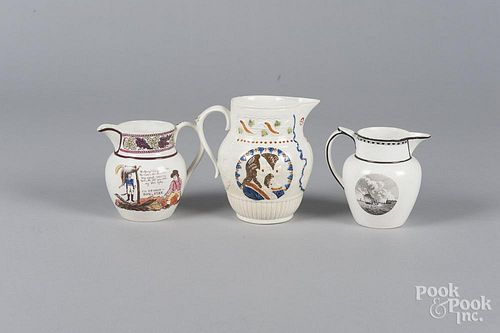 Pratt type pearlware pitcher, 19th c., together with two others with transfer decoration of Admiral