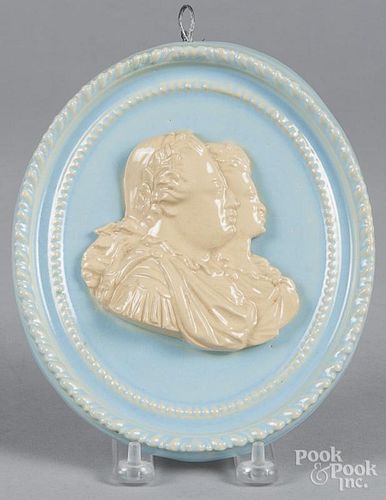 Turquois glaze plaque with royal busts, 19th c., 7 3/4'' x 6 3/4''.