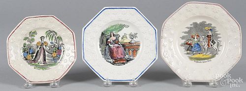 Three pearlware plates, 19th c., with transfer decoration of Queen Victoria, The Queen and England's