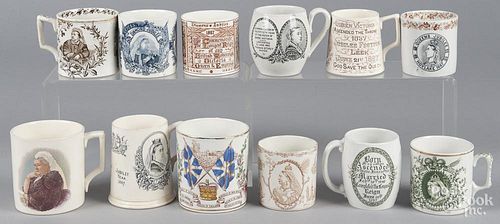 Twelve mugs with transfer decoration celebrating the reign of Queen Victoria, tallest - 4 1/4''.