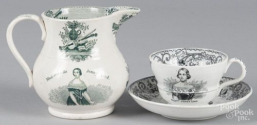 Staffordshire pitcher, 4 3/4'' h., together with a cup and saucer, 19th c., with transfer decoration