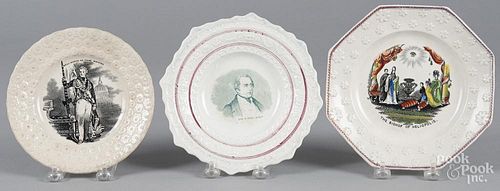 Three Staffordshire plates, 19th c., with transfer decoration of Wellington, Sir Peel Bart and The B