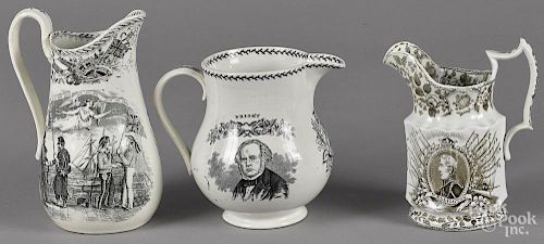 Three Staffordshire pitchers, 19th c., with transfer decoration of Wellington, Gladstone and Bright,