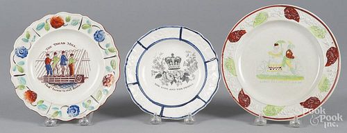 Three pearlware plates, 19th c., with transfer decoration of The King and the People, The Tread Mill