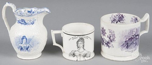 Two Staffordshire mugs and a pitcher, 19th c., with transfer decoration of King William IV and Queen