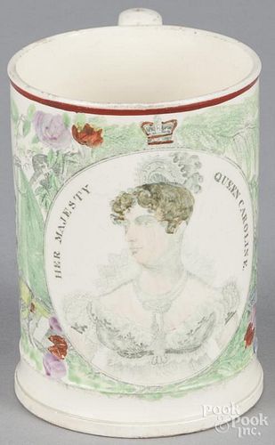 Creamware mug, 19th c., with transfer decoration of Queen Caroline, 4 1/2'' h.