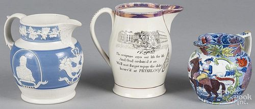 Three Staffordshire pitchers, 19th c., decorated with The Duke of Wellington, Wellington and Blucher