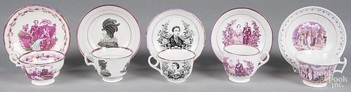 Five lustre cups and saucers with transfer decoration of English royalty.