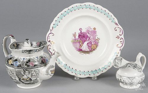 Staffordshire plate, teapot, and creamer, 19th c., with transfer decoration of Victoria and Albert,