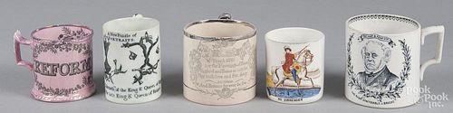 Five assorted Staffordshire mugs, 19th c., to include Honorable J. Bright, No Surrender, Lord John R