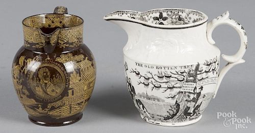 Two Staffordshire pitchers, 19th c., with transfer decoration of Admiral Nelson and Constitution Hil