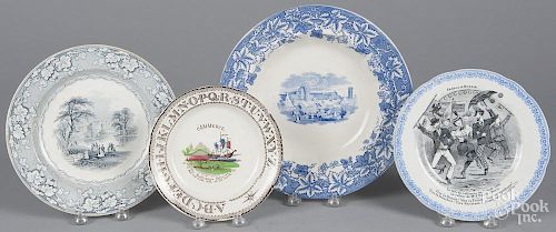 Three Staffordshire plates and a shallow bowl, 19th c., with transfer decoration of Commerce, France
