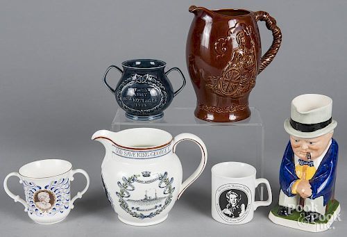 Group of British china and pottery of various subjects; Churchill, Thatcher, etc., tallest - 8 1/2''.