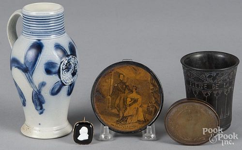 Five royal subject items, to include George III stoneware pitcher, Victoria and Albert lacquer box,