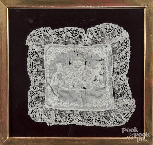 Framed letter purportedly by Queen Victoria to Lord Byron, together with a lace doily with Royal cre