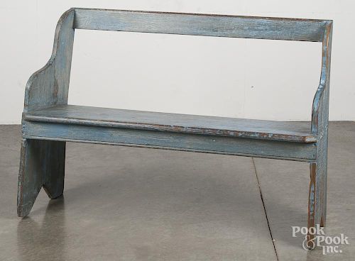 Painted pine bench in blue paint, 20th c., 32 1/2'' h., 46'' w.