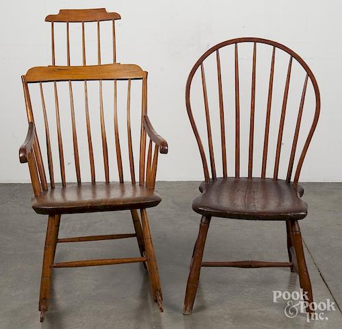 Highback Windsor rocking chair, early 19th c., together with a bowback Windsor.