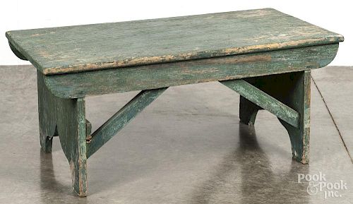Painted pine bench, 19th c., retaining an old green surface, 16'' h., 38'' w., 19 1/2'' d.