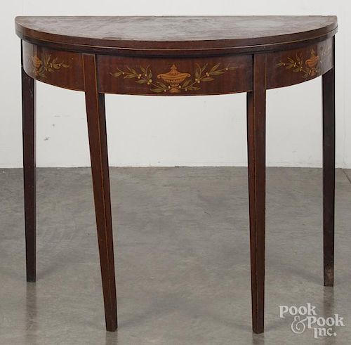 George III mahogany card table, late 18th c., with urn and floral garland inlays, 29 1/4'' h., 35 1/4