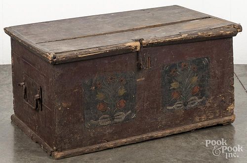 Continental painted pine blanket chest, 19th c., retaining its original floral decoration, 16 1/4'' h