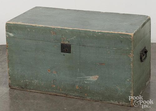 New England painted pine trunk, 19th c., retaining its original blue/green surface, 15 3/4'' h., 29''