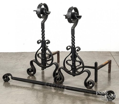 Pair of wrought iron andirons from Dupont's Foxcatcher residence, 30'' h.