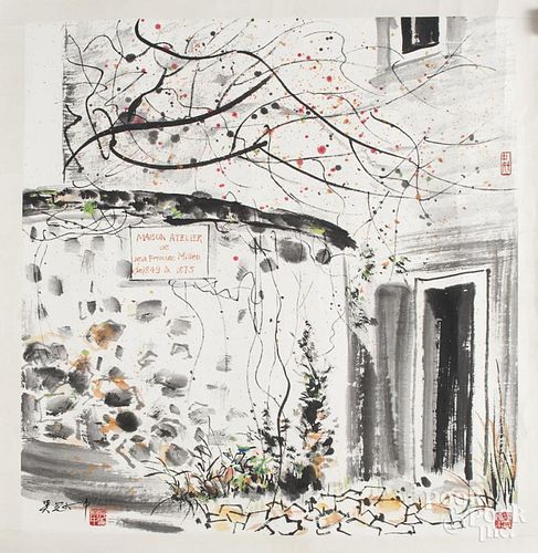 Chinese watercolor of the Maison Atelier de Francois Millet, 28'' x 26 1/2''.