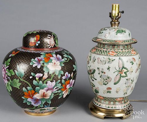 Large Chinese cloisonné covered urn 20th c., 15'' h., together with a famille verte table lamp, 14'' h