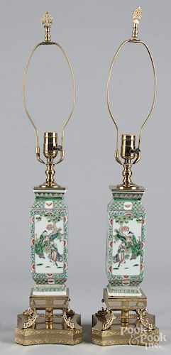 Pair of Chinese famille verte porcelain table lamps, 20th c., 9 1/4'' h.