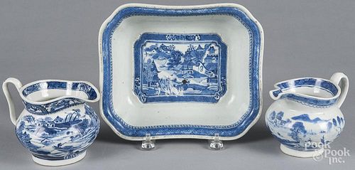 Two Chinese export porcelain blue and white pitchers, 4 1/4'' h. and 4 5/8'' h., together with an entr